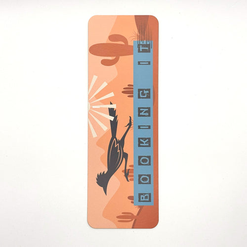 Bookmark with roadrunner cactus landscape and quote "booking it" on an orange background