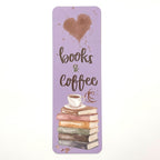 Bookmark with books and coffee watercolor design on a purple background