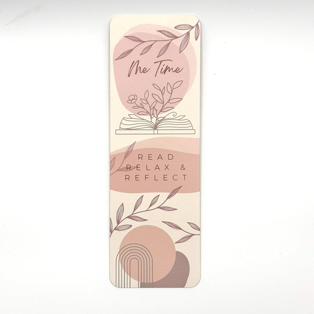 Bookmark with greenery and abstract illustrations and motivational quote "read relax & reflect"