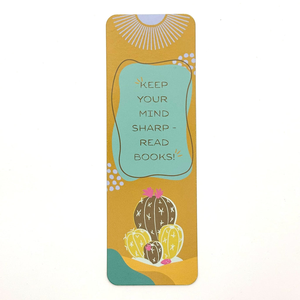 Bookmark with cactus and abstract illustrations and motivational quote "keep your mind sharp - read books!" on a yellow background