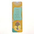 Bookmark with cactus and abstract illustrations and motivational quote "keep your mind sharp - read books!" on a yellow background