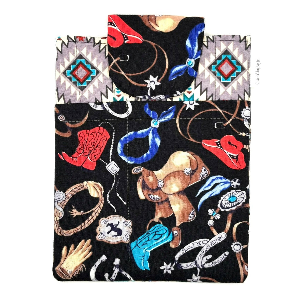 E-Reader sleeve with cowboy-themed design including hats, boots, and ropes