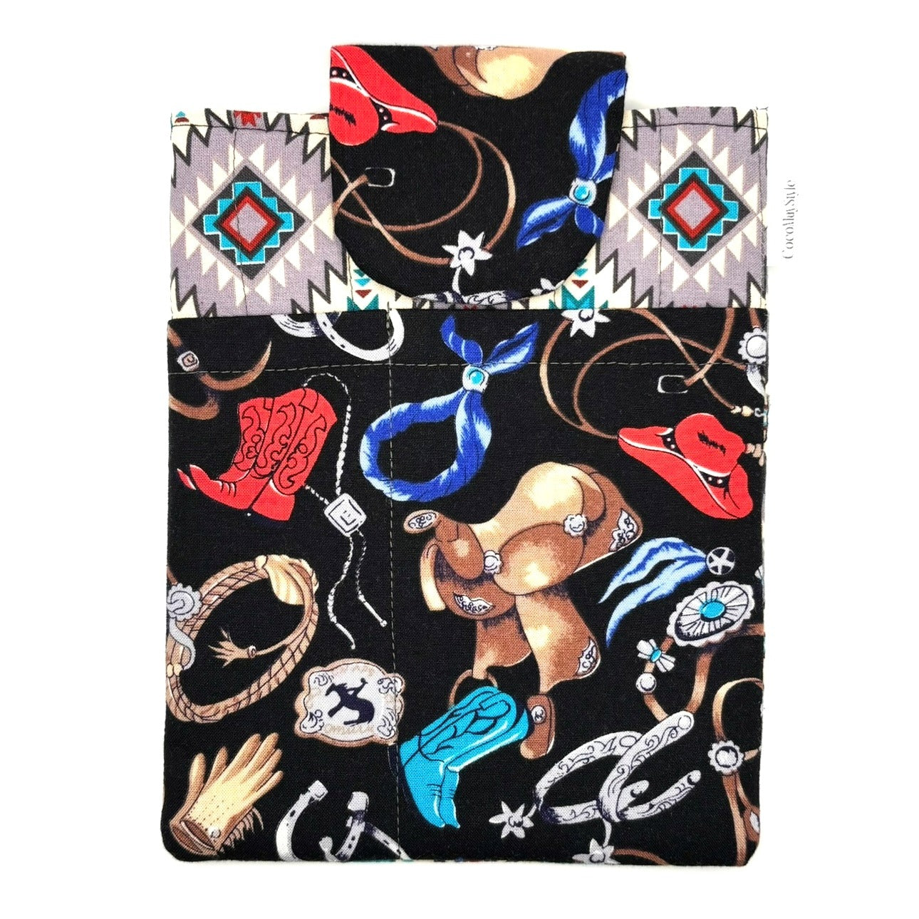 E-Reader sleeve with cowboy-themed design including hats, boots, and ropes