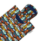 E-Reader sleeve with colorful diamond patterned fabric showing open velcro flap