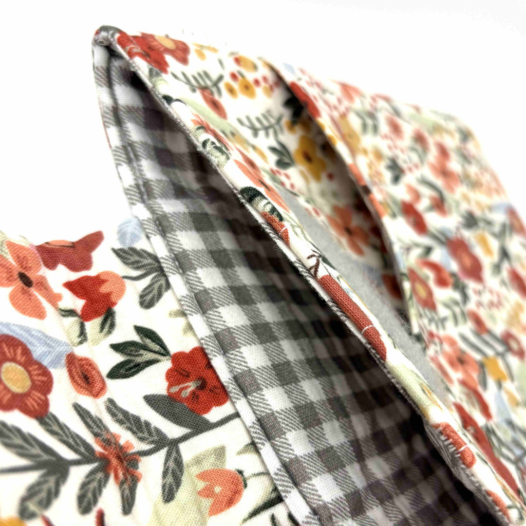 Close-up of e-Reader sleeve with floral patterned fabric