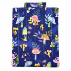 E-Reader sleeve with mushroom and foliage design on a blue background