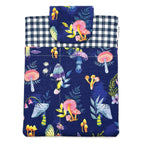 E-Reader sleeve with mushroom and foliage design on a blue background