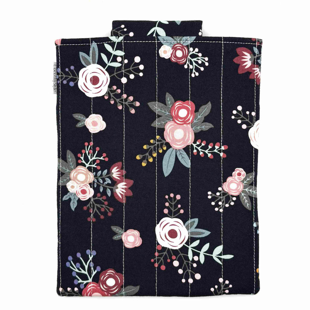 E-Reader sleeve with pink florals on a black background