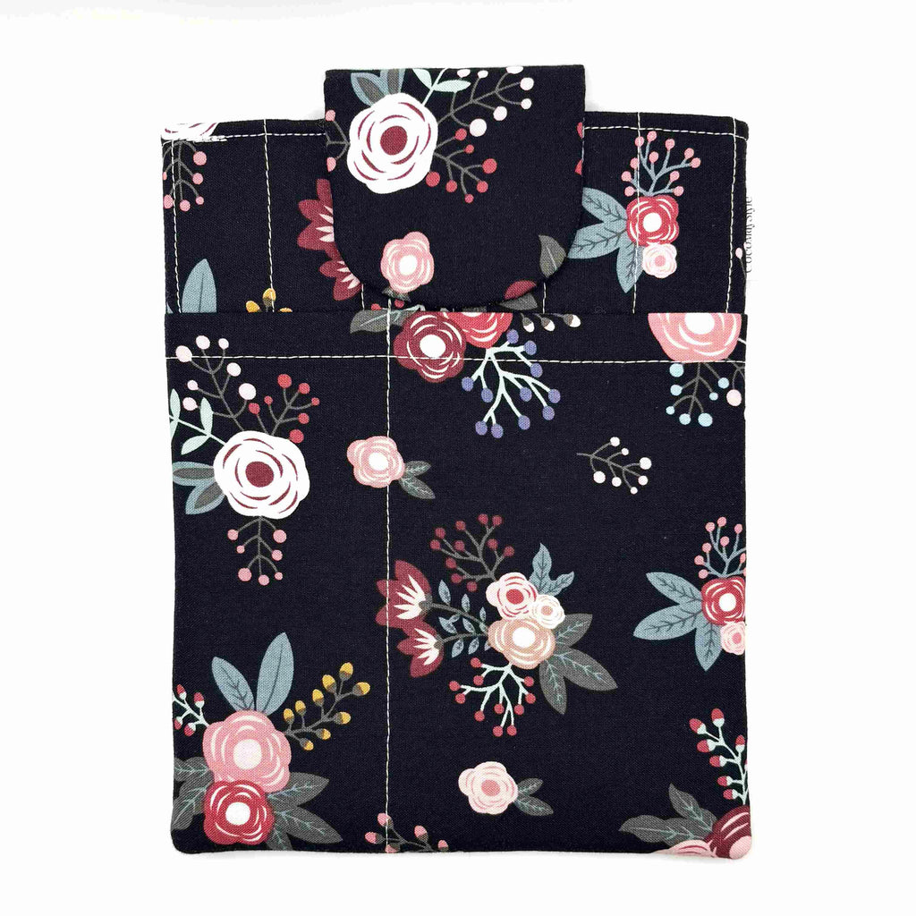 E-Reader sleeve with pink florals on a black background