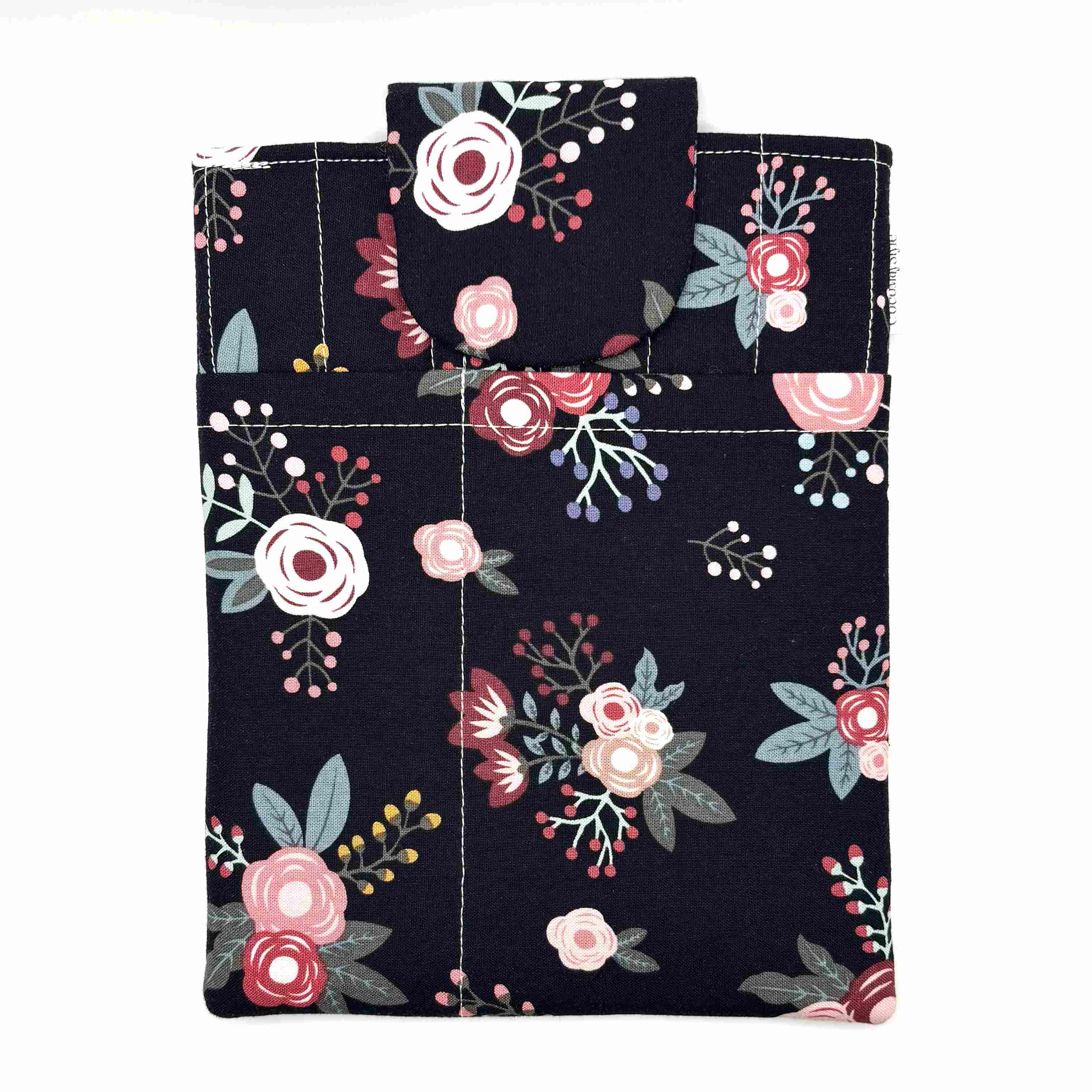 E-Reader sleeve with pink florals on a black background