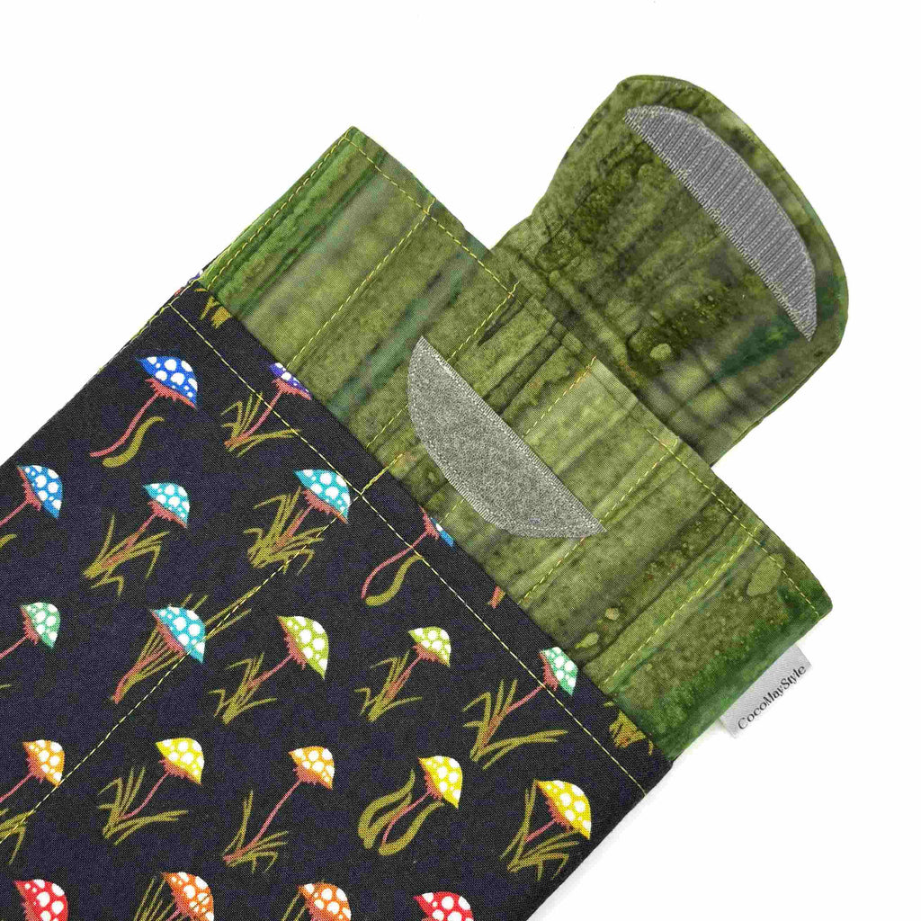 E-Reader sleeve with mushroom and foliage design on a black background showing open velcro flap