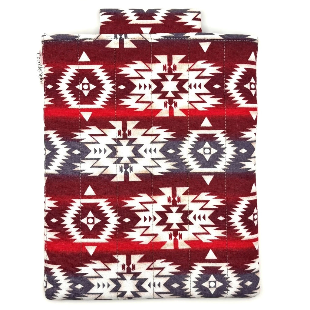 E-Reader sleeve with red and white patterned fabric with geometric design