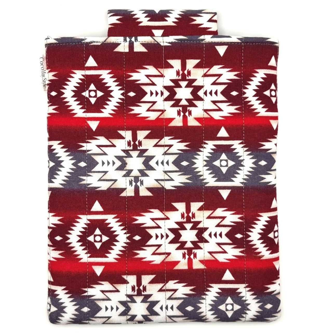 E-Reader sleeve with red and white patterned fabric with geometric design