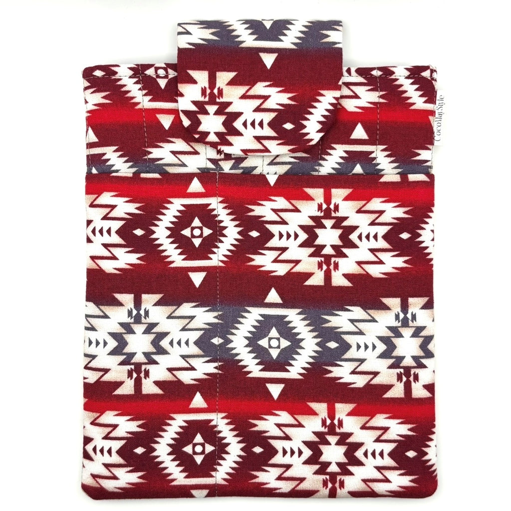 E-Reader sleeve with red and white patterned fabric with geometric design