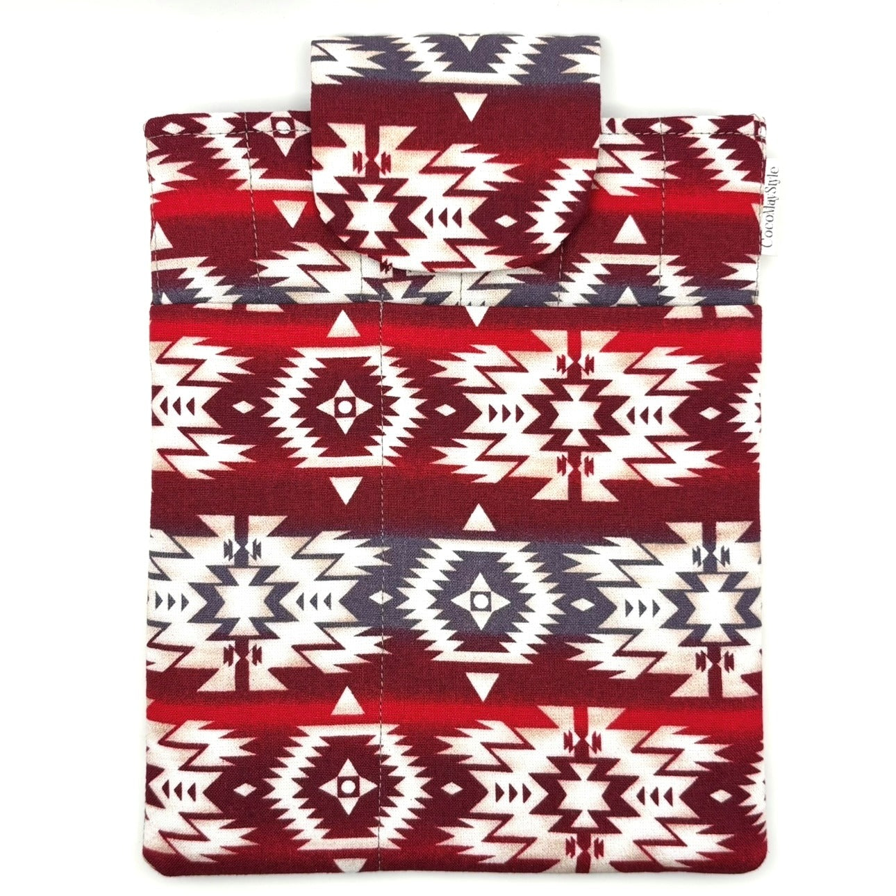 E-Reader sleeve with red and white patterned fabric with geometric design