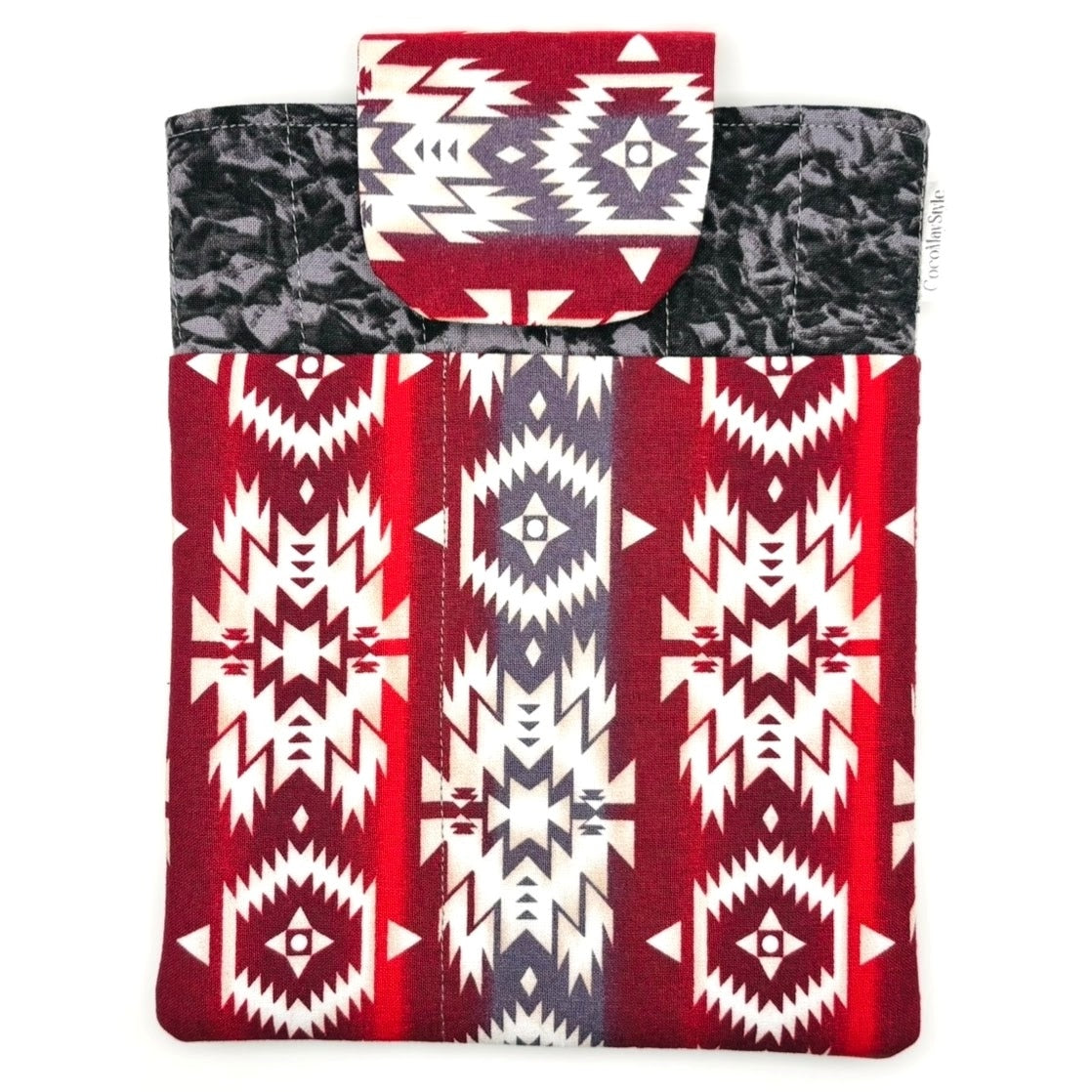 E-Reader sleeve with red and white patterned fabric with geometric design