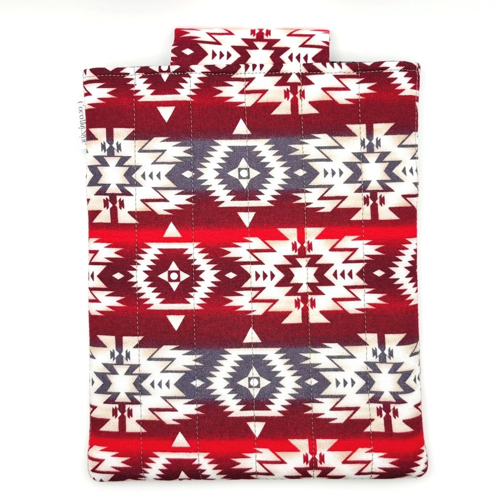 E-Reader sleeve with red and white patterned fabric with geometric design