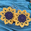 Crocheted sunflower earrings with silver hooks