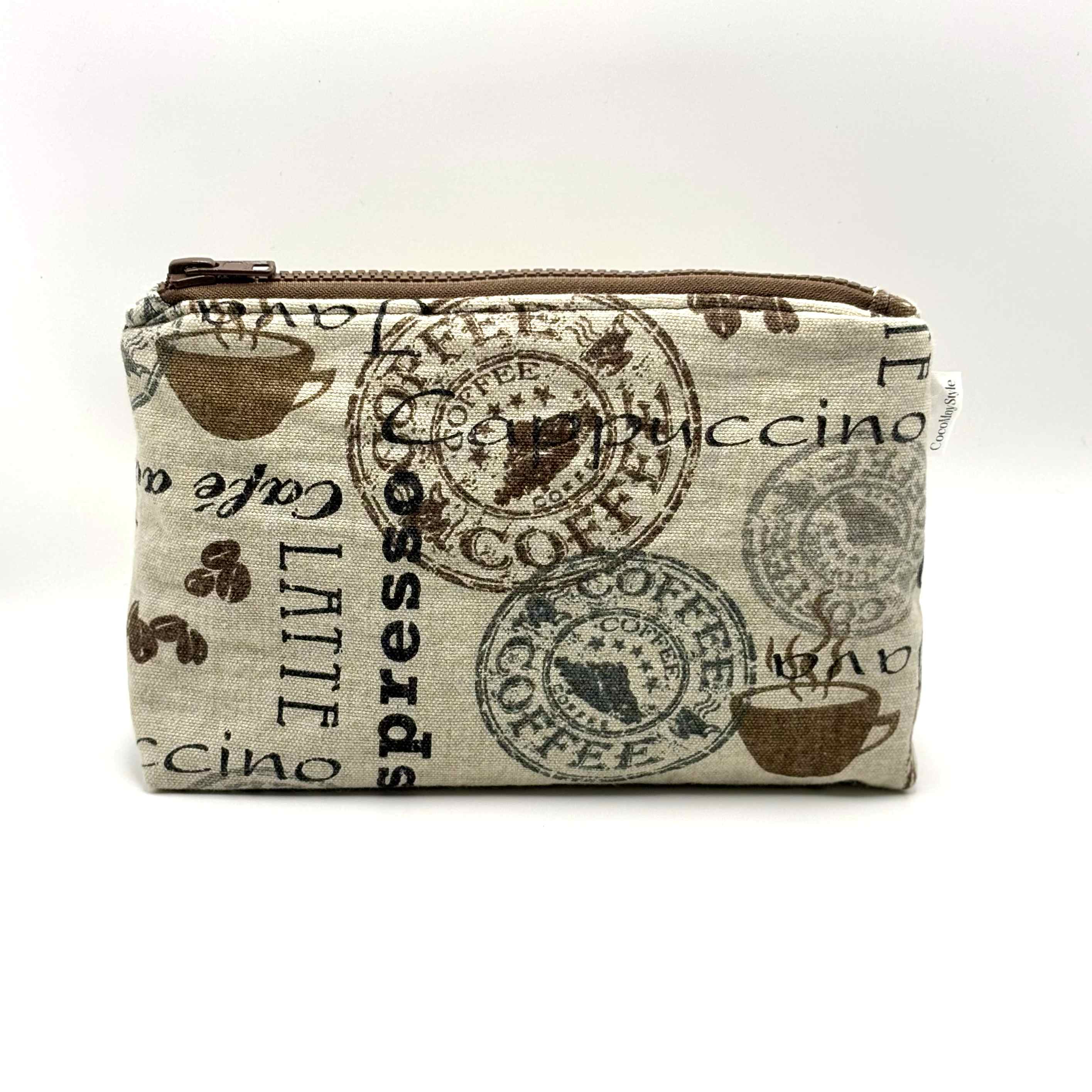 Zipper pouch with coffee words and graphics on a tan brown background