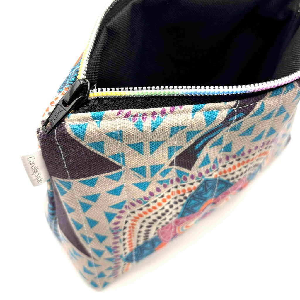 Zipper pouch with a colorful mandala pattern on a dark blue background
